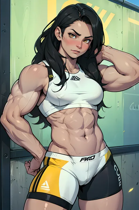 ((1girl)) pale skin (muscular small breasts) toned body thick thighs black hair yellow eyes (long hair) bodybuilder full-face blush (seductive expression) best quality perfect anatomy compression bra bike shorts best quality