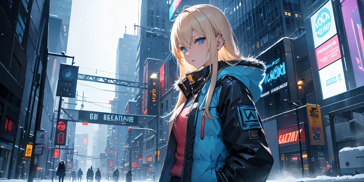 A solitary, beautiful blonde-haired woman with piercing blue eyes, wrapped in a warm winter jacket, standing amidst a snowy cyberpunk city. The city is illuminated by neon lights, casting a futuristic glow on the snow-covered landscape , The focus is on he...