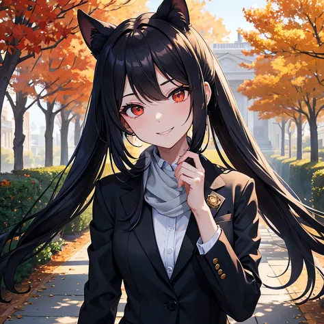 An anime-style portrait of a striking businesswoman with sleek black twin tails framing her captivating red eyes, which gleam with intelligence and a mischievous charm. She is dressed in a tailored blue tweed blazer that exudes professionalism, complemente...