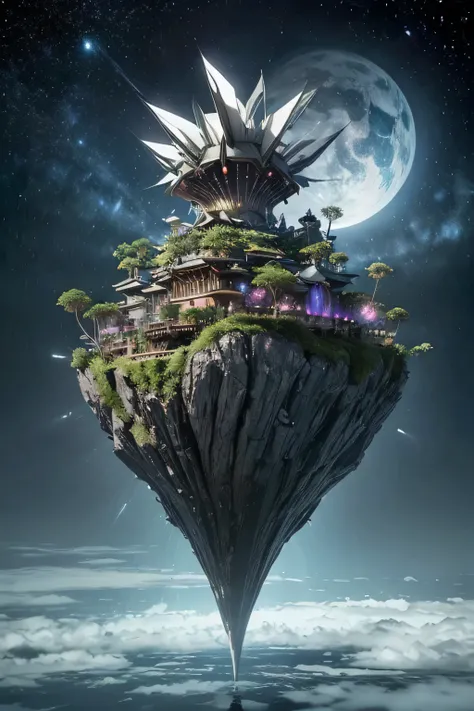 Sinister futuristic floating island suspended in the air, cities, fantasy, (villain hideout), (kawaii), cute, cute, anime style, technological, dark, funny, magical plant growth, extreme details, realistic light, blue sky, epic composition, (complex detail...