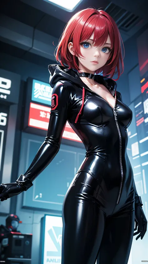 Alone,  seen from the front ,  looking at the viewer , super fine photo ,  Unreal Engine 5 8K UHD portrait of a beautiful girl wearing a tight black latex suit and details of blue neon lights, elegant black jumpsuit , standing,  seen from the front , Hood ...