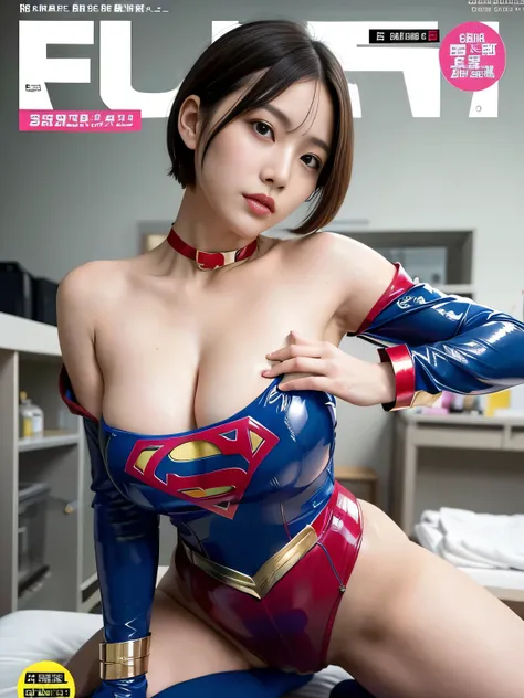 masterpiece、 latex supergirl costume 、 Off Shoulder、Ultra short hair、 Big and Rich Breasts 、 sweaty and shiny skin 、Look directly into the camera、 Choker、Provocative cleavage、 Long Sleeve 、Cape、Glamorous bare legs、 in front of laboratory equipment in hospi...