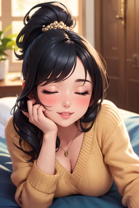 Amazing portrait of a sexy woman wearing her luscious black hair in a cute ponytail, seductively gazing and smiling, soft lips, parted, blushing intensely, smiling, dark green sweater, cream cargo pants, medium chest, perfect body, lying down on bed