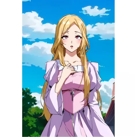 anime girl in a pink dress with long blonde hair, blonde - nun ,  Nuns clothing, sexy, beautiful girl, Rosy cheeks,  detailed eyes,  Sexy girl, sexy, SENSUAL LIPS,  gorgeous eyes ,  anime traits ,  beautiful and precise features, clean traits , passionate,...