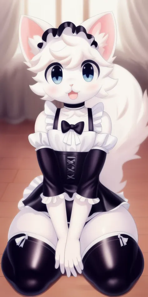  high resolution,  boykisser,  boy,  white skin , Feline, femboy, ( very thick thighs), ( Very Wide Hips ), top short, Reflective skin, short, small, reflective body, cute fur , large and fluffy tail, wearing a maid costume with the , Showing off some of t...