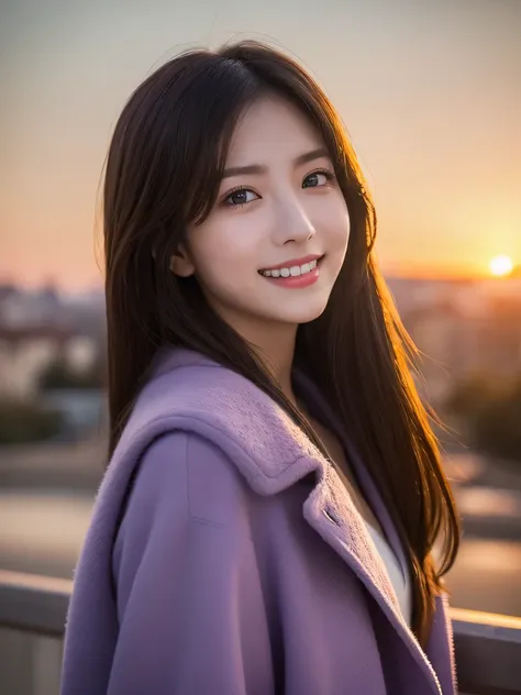 1girl in, (Wearing a purple coat:1.2), (Raw photo, Best Quality), (Realistic, Photorealsitic:1.4), masterpiece, Extremely delicate and beautiful, Extremely detailed, 2k wallpaper, amazing, finely detail, the Extremely Detailed CG Unity 8K Wallpapers, Ultra...
