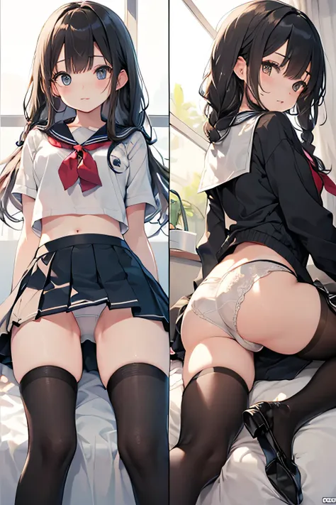 masterpiece ,  super detailed ,  Better Quality  ,  GREAT QUALITY ,8k,  beautiful eyes 、 detail eyes、 cute middle school student shows white panties、(From below:1.4)、 squat、 arching her back 、 highly revealing sailor suit、 black hair、 braids 、 loafers、 cha...