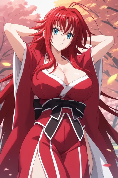 Rias Gremory, HIGH SCHOOL DXD, 1girl, solo, big breasts, cleavage, long hair, crimson red hair, blue eyes, japanese clothes, crimson red kimono, hoari, arms behind head, sakura trees background, masterpiece, high quality, ultra details, perfect body, nice ...