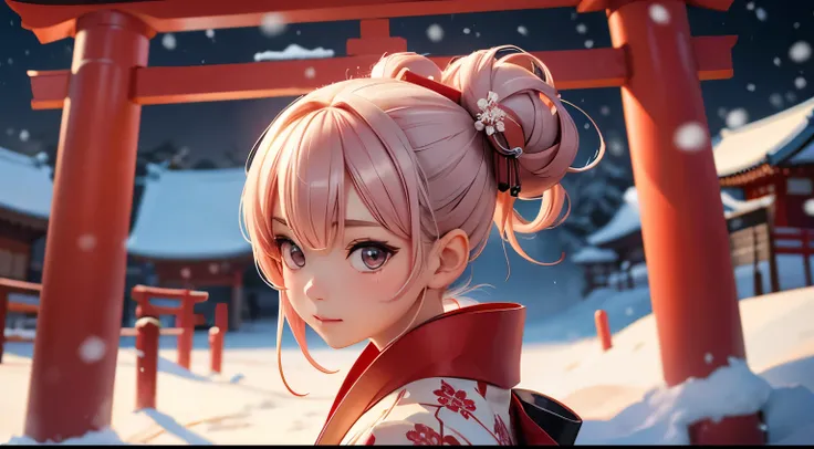 A neat and cute woman, her hair is up in a Japanese hairstyle, her kimono is a light red bean color, snow, a red torii gate,