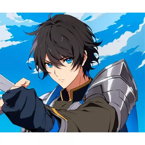 anime character with sword in hand and blue sky in background,  detailed eyes, confident look, beautiful eyes