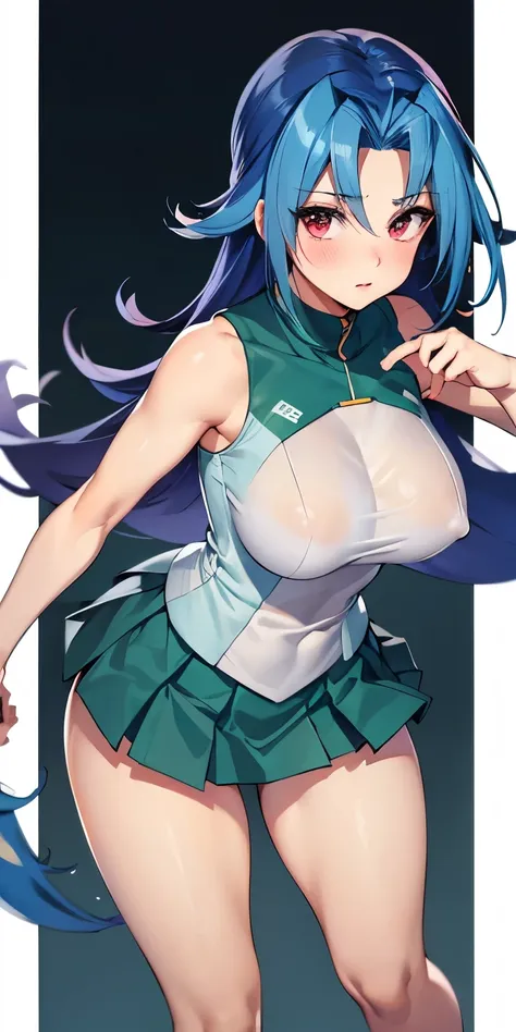 1 Female,High definition,high resolution,Ultra-realistic,8K, kr1, multicolored hair, dyed bangs, white shirt, sleeveless,  green skirt, tight skirt, miniskirt, pleated skirt, large breasts,European,sexy,Upper body close-up,Photographed from the front,Dynam...