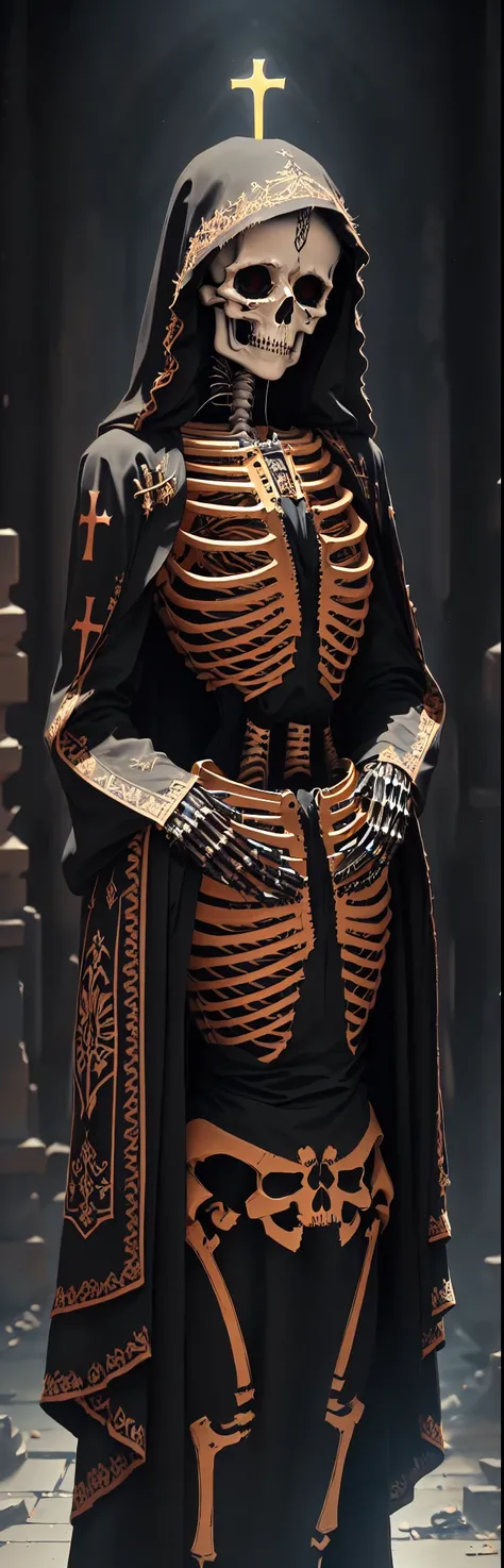  a close up of a skeleton dressed in a priests robe, holy queen skeleton,  intricate skeletal decorations  (Detailed embroidery),  elaborate cult tunics ,  inspired by Francisco de Burgos Mantilla , day of the dead. 8K,  Victorian Day of the Dead , 8K high...