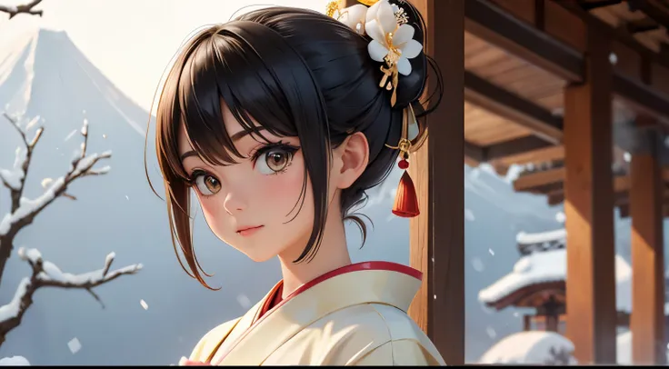 A neat and cute woman, her hair is up in a Japanese hairstyle, her kimono is light yellow, snow, deer,