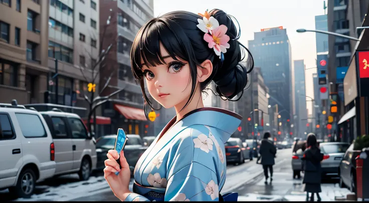 A neat and cute woman, black hair up, light blue kimono with floral pattern, snow, New York cityscape, upper body,