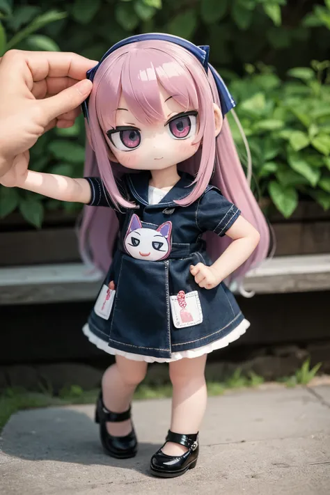  photorealistic 、Chibi Girl Doll（Thumb up your right hand while doing a comical pose）