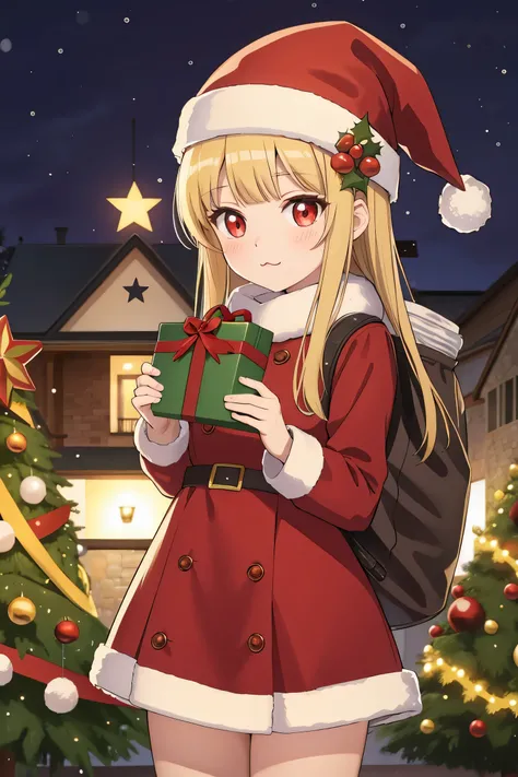 score_9, score_8_up, score_7_up, masterpiece, best quality, zzPadoru, meme, holding sack, santa hat, dress,
solo, 1girl, necoarc, blonde hair, red eyes, slit pupils, cat ears, :3, chibi, snow, Christmas tree, Christmas lights, Christmas border, red and gre...