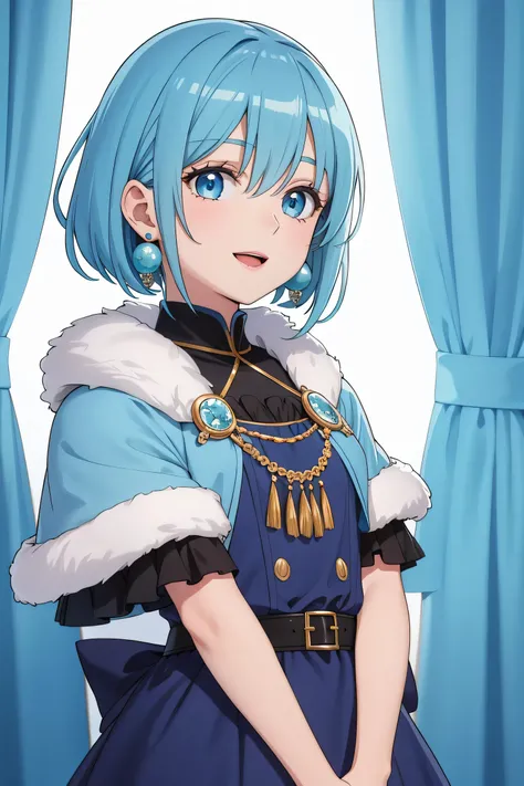 score_9, score_8_up, score_7_up, score_6_up, score_5_up, BREAK
humanlarimar, 1girl, solo, blue hair, blue eyes, smile, own hands together, short hair, open mouth, pom pom earrings, blue capelet, blue dress, fur trim (clothing)