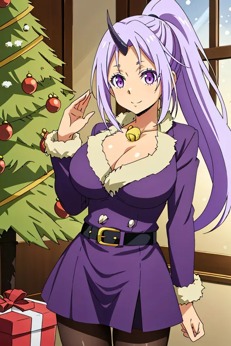 safe_pos, score_9, score_8_up, score_7_up, source_anime, 
detailed eyes, eye reflection,shion, purple eyes, purple hair, high ponytail, single horn, oni, long hair, 
large breasts,santa hat,cleavage, dress,belt, black pantyhose,bell, christmas, santa costu...