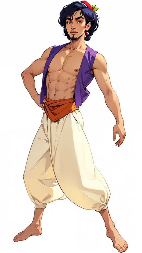 Aladdin,  extremely realistic , Very beautiful, fitness,  wearing classic animation clothes, Young man from the Middle East, wearing purple vest ,  a Saruel style wide pants ,  an orange waistband , A little red hat,  long hair, he is barefoot 