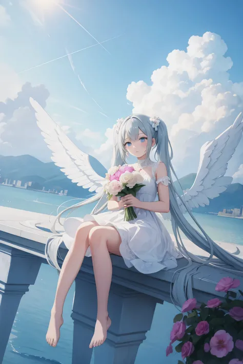 (masterpiece), (best quality), (ultra-detailed), amazing quality, very aesthetic, absurdres, newest, scenery,dutch angle,pastel colors,
kony4666, 1girl, flower, long hair, dress, solo, very long hair, barefoot, white dress, floating hair, wings, sky, bouqu...