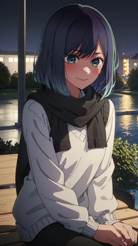 masterpiece, best quality, 1 girl, alone, smile, blushing, beautiful, white sweater, black pants, blue scarf, blue hair, short hair, looking at viewer, sitting, bench, point of view, side point of view, green eyes, short hair, faded hair, blue eyes, park b...