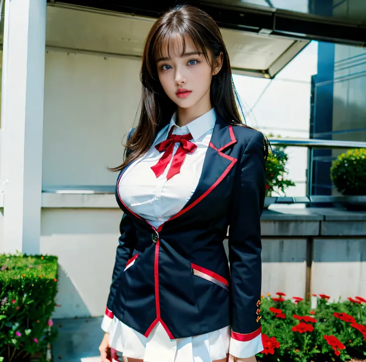 8K quality,  Masterpiece,  bright artistic lighting,  super real , Flower Garden,  one girl,  Brunette with Bangs , (A high school girl in a serious uniform), (High chest position:1.3), (Big Breasts:1.3), Above the waist,  red ribbon tie, (Bright and Spark...