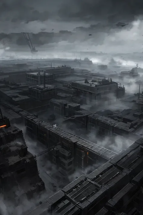 A military base, fog, dark clouds, Black bricks ,  skeletons on the ground ,  military squares in black, ravine,  satellite in the sky , Drones, maquinas ravines