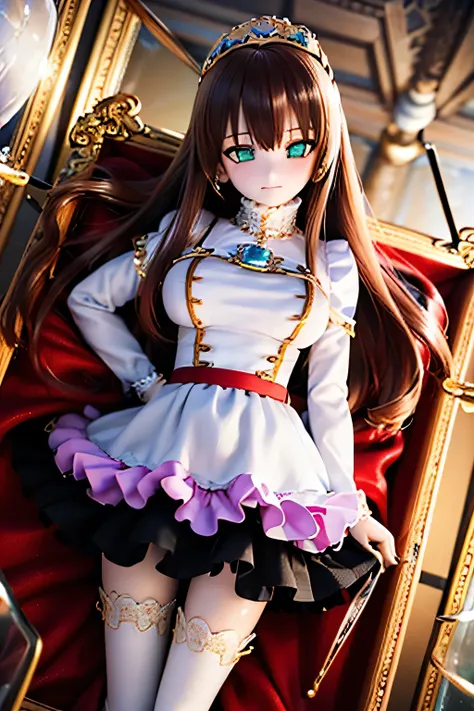 (SFW:2), photorealistic, realistic photo, 8k, Canon EOS, ((highest quality)), ((masterpiece)), (extremely detailed), dd, doll, idol dress, (mature woman, 23yo, 23_years_old, solo, museum:1.6), (from above, lying in coffin, tiara, brown hair, long hair, ido...