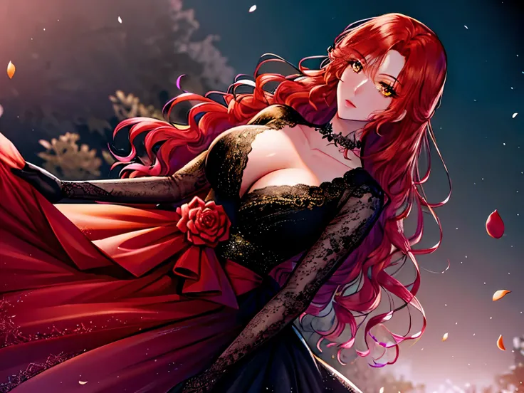 shoujo style, frosty style, (manhwa), red hair, dress, beautiful golden eyes, yellow eyes, mascara, makeup, black evening lace dress, viewer, collarbone, accessories, upper body, outdoors, detailed eyes, dynamic cut, flowers, field, perfect anatomy, symmet...