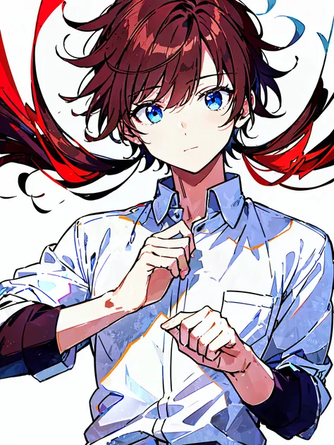 [(WHITE BACKGROUND:1.5),::5], ((masterpiece)), high quality, ultra very high resolution, full color, ((solo)), ((little younger boy)), white shirt, (mens brown hair), (Blue eyes), anime, (upper body), (Red Blaze effects:1.3)