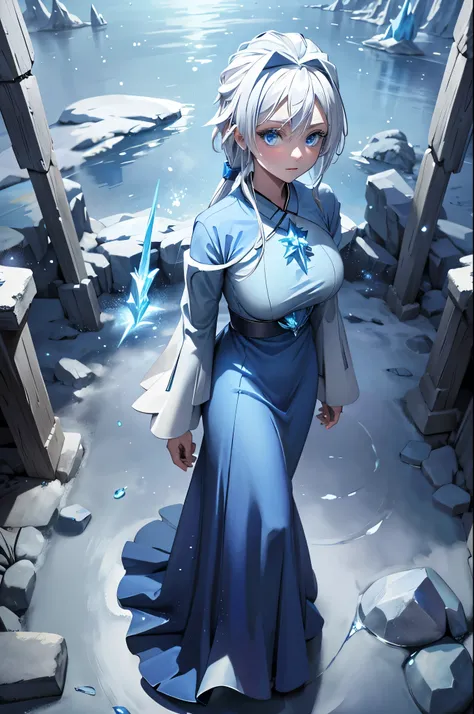 Mage, blue robes, blizzard, ice magic, beauty, calming gaze staff of ice, 