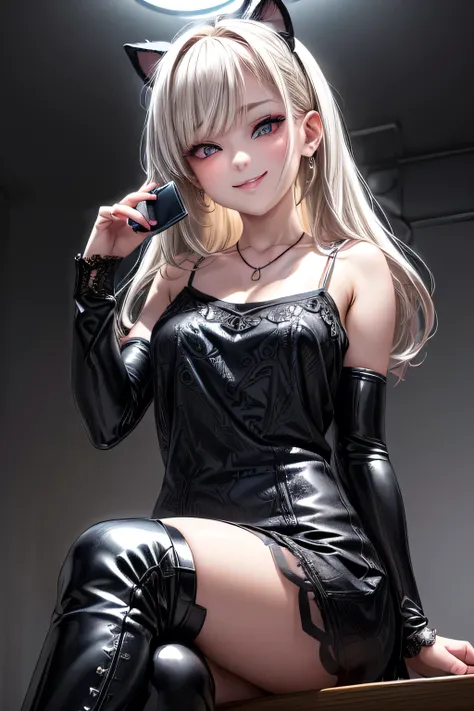 (kawaii), (evil valley girls), (under teen:1.4), (lace-trimmed camisole:1.2), (put on earrings, necklace, bracelet:1.2), (holding a smart_phone:1.5), (sitting in a chair, crossing legs:1.5), (leather boots, thigh-high boots, high-heeled boots, stiletto boo...