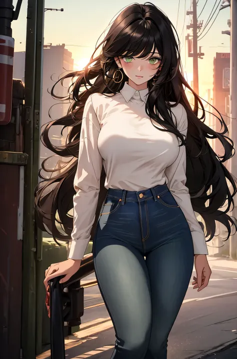 (top quality, masterpiece, high quality, ultra-delicate), ((beautiful adult woman)), ((Dark black hair)), mature, graceful curves, (long hair, long bangs), ((bright green eyes)), detailed eyes, modern clothing, bangs, fashionable clothing, ((White Shirt)),...