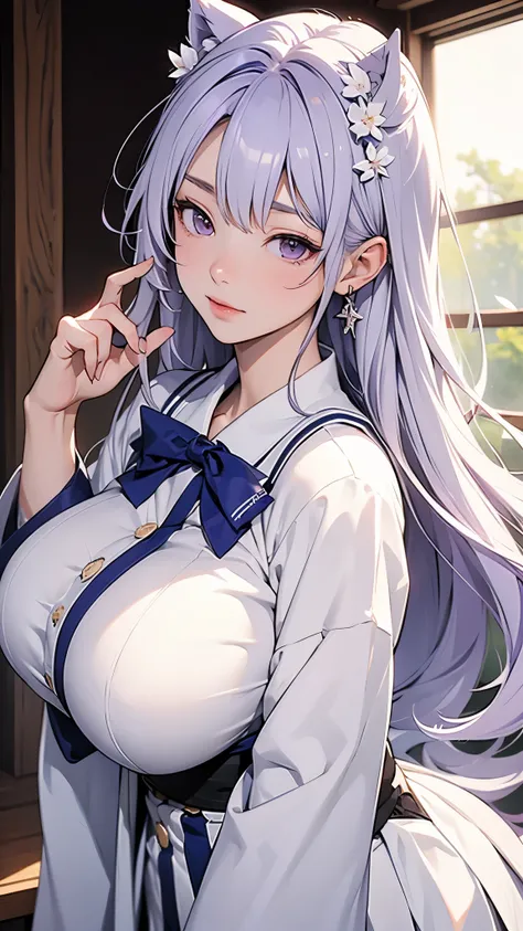 Japanese girl. (Huge Tits) school uniform . long whitish lilac hair. Shinano from Azur Lane