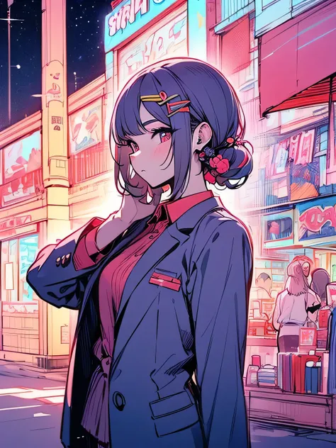 sideview,alone,upperbody,30years old, older sisters face、makeup, business suit、Working Woman、Night City、Beautiful starry sky、Neon lights 、 in front of the store、Lonely、Loneliness、(cool model pose),stylish,(manga style),(sketch),(illustration),