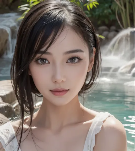 Japanese beautiful classy lady, narrow face, face forward, See here, red lips, wet skin, wet hair., slim figure with a slender waist, sitting in a deep hot springs by bamboo forest, Soak up to the shoulders in the deep hot springs, in a cloud of steam, Wea...