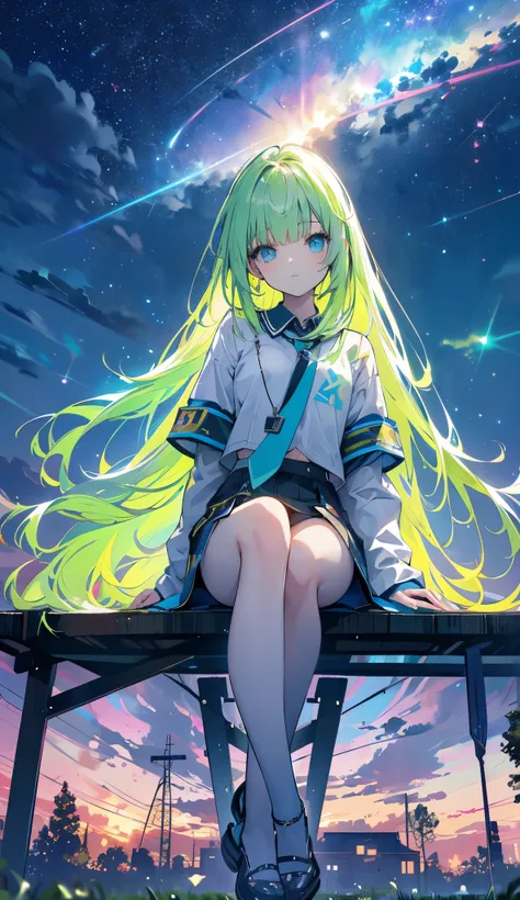 beams of light with different neon colors that descend from the sky , Nebules and stars , Field view,  the ground is a light green semi-tall lawn ,  the sky is at dusk , ((( a girl is sitting with straight legs watching the sky))), vibrant details, details...