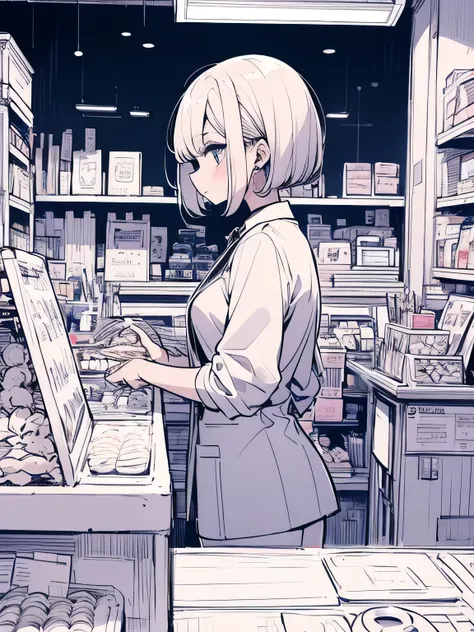 sideview,alone,椅子に座る、30years old, older sisters face、makeup, business suit、Working Woman、night、 eats、 Hamburger Shop、Inside the store、 counter、(cool model pose),stylish,(manga style),(sketch),(illustration),