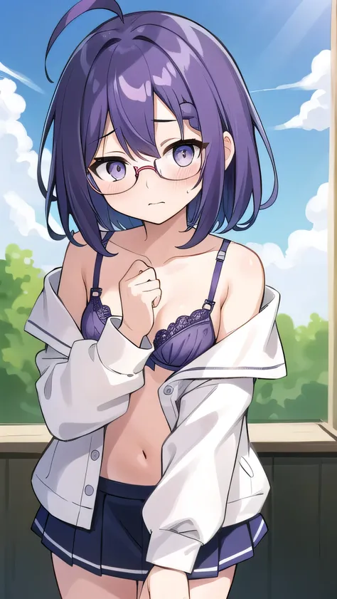 (Purple hair:1.4), gray eyes, white , navy blue miniskirt, , short, short long hair, kind expression, shy, , almost no breasts, slightly exposed. hair,(flipped hair ), flipped hair, long sleeves, ahoge, girl alone, flipped hair, flipped hair, flipped hair,...