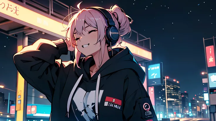 woman、 facing forward 、 is amazing、 open your mouth and laugh 、 The background is a night cityscape 、 wearing a hoodie、 quiet atmosphere 、 In the middle of the night、The sky is dark、 Clear lines 、Hair tied back、 super high resolution 、 Headphones on clothe...
