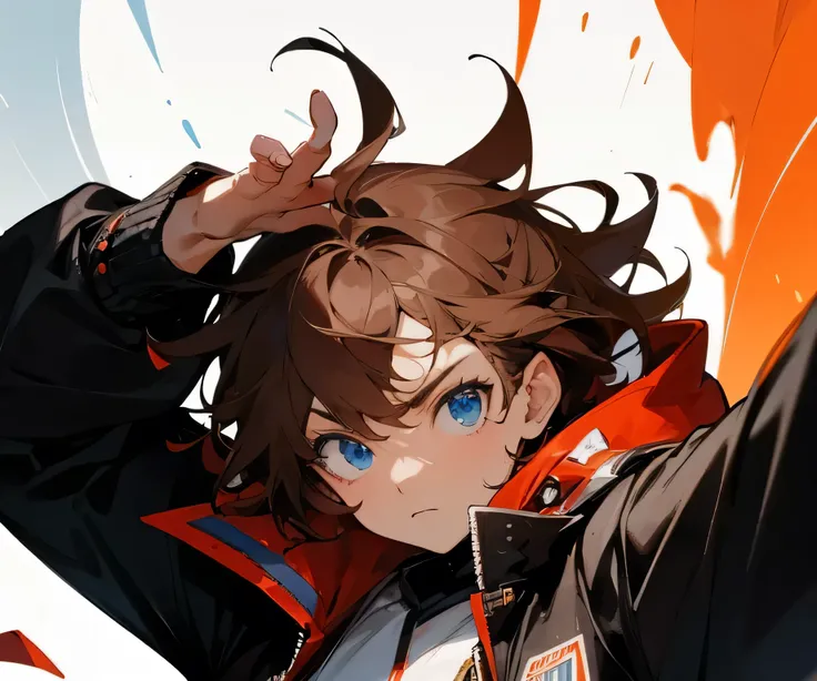 The image shows an illustration of a character, a . The character has brown hair and blue eyes. He has a black hood that covers his head. serious face