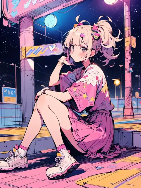 sideview,sitting on knee,alone、30years old, older sisters face、makeup, pink miniskirt、 Lolita Fashion、Halloween makeup 、tears、night、 starry sky 、Lonely、Neon lights 、Street lamp、(cool model pose),stylish,(manga style),(sketch),(illustration),