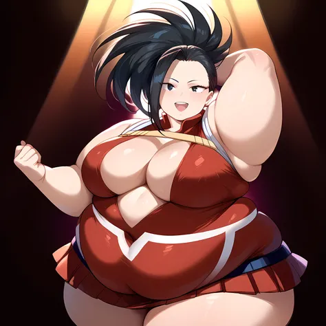 fat body, tall, yaoyorozumomo, black eyes, black hair, ponytail, long hair, hair pulled back, center opening, cleavage, red leotard, hero outfit, fat body, wide waist big . sexy body, sexy figure, fat thighs, sexy, wide waist, desireable, tempting, lust, f...