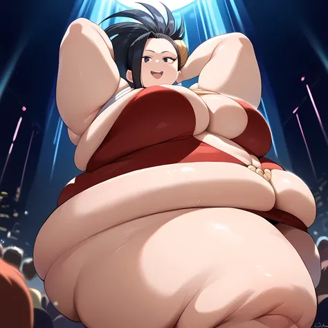 fat body, tall, yaoyorozumomo, black eyes, black hair, ponytail, long hair, hair pulled back, center opening, cleavage, red leotard, hero outfit, fat body, wide waist big . sexy body, sexy figure, fat thighs, sexy, wide waist, desireable, tempting, lust, f...