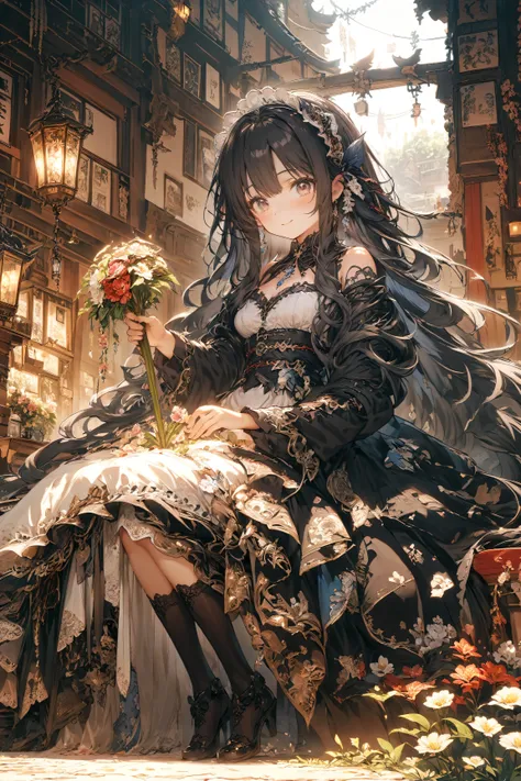 masterpiece, high quality, high resolution, 16k, illustration by Makoto Shinkai, exquisite background, petite girl, black hair, long hair, gothic lolita, maid outfit, fair skin, long eyelashes, beautiful eyes, over-kneehighs, full body, smiling, western ga...