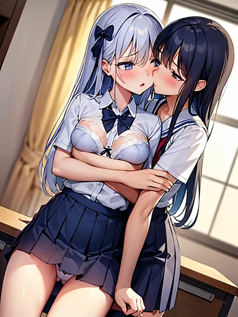     masterpiece  ,    High Quality   ,    3 girls stepping in groups ,   high school uniform 、 how it off、Standing、Desk corner、 Skirt Flip、Panties visible、Press your crotch、classroom、  good、Wet body、 wet panties、Pleasure、Touching the body、Sigh、Touching the...