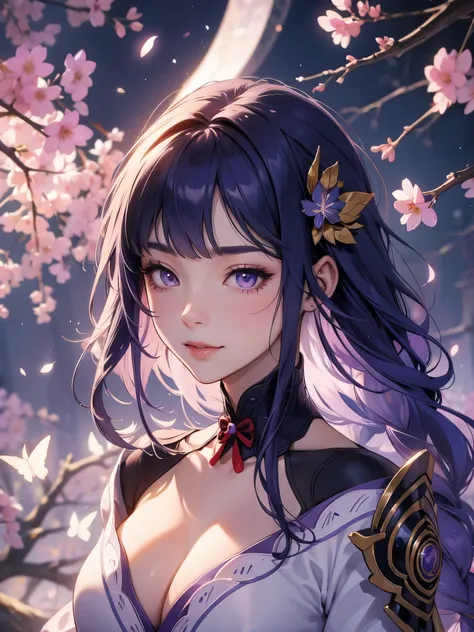 Japanese Shrines, (Highest quality，Realistic,masterpiece:1.2，8k wallpaper:1.2)，((Pale skin))，One Girl，women only，((Genshin Impact_Impact，General Raiden))，Lightning Particles，Purple Lightning，Light background，cherry blossoms，Purple Theme，Delicate facial fea...