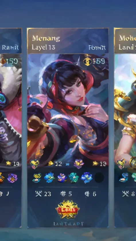 a close up of a bunch of cards with different characters, wild rift, mobile legends, irelia, iconic character splash art, akali, style league of legends, style of league of legends, katarina, style artgerm, leblanc, league of legends inventory item, charac...