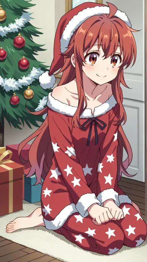 score_10, score_8, sharp, anime screencap, flat colors, flat shadows,source_anime, anime,BREAK, yoshida yuuko (machikado mazoku),brown eyes,red hair,long hair, smiling, open giftbox, dressed red Christmas pajamas with christmas things, full body, in a livi...