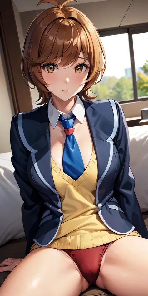 1 Female,High definition,high resolution,Ultra-realistic,8K, hmza, short hair, antenna hair, brown eyes, school uniform, blue necktie, yellow shirt,black jacket, long sleeves, school uniform,European,sexy,Upper body close-up,Photographed from the front,Dyn...